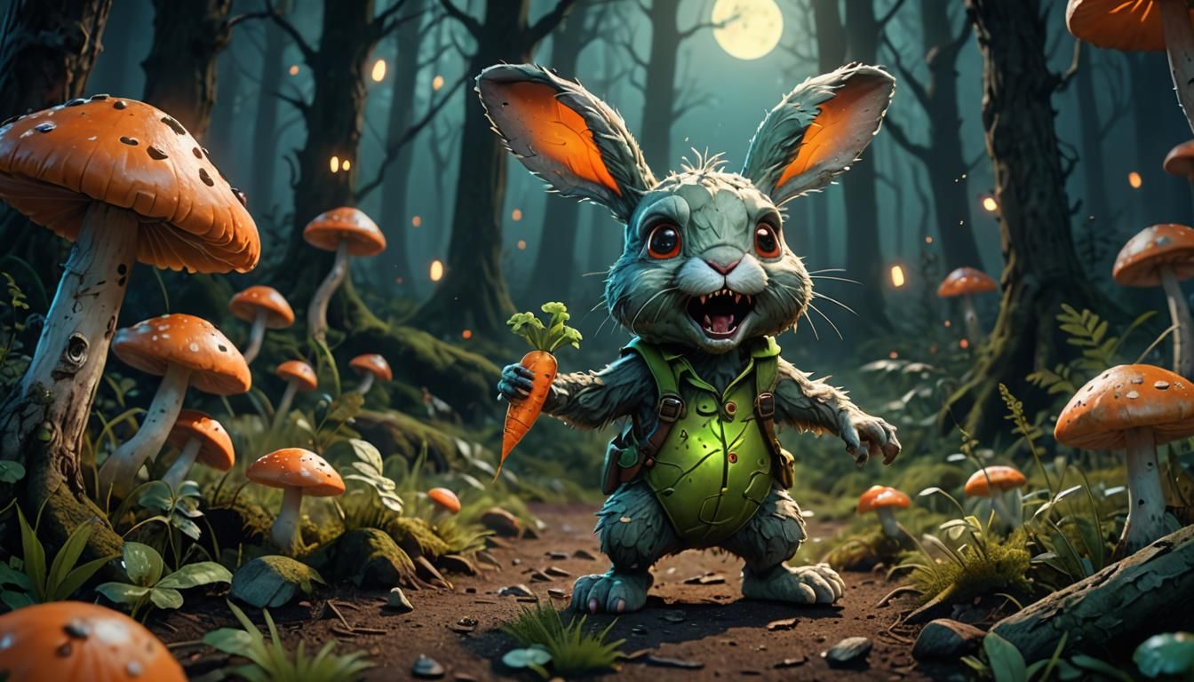 Zombie Bunny in a Moonlit Forest, Digital Art