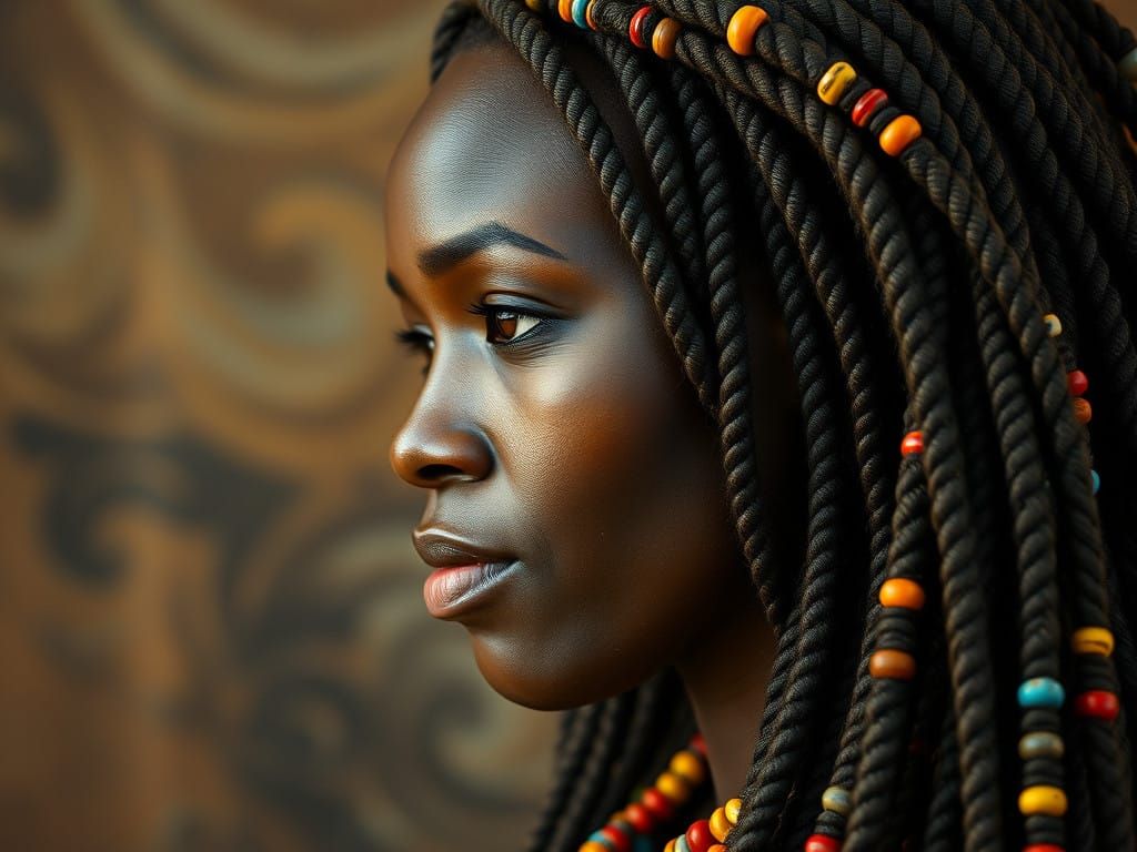 African Woman with Vibrant Braids and Beads in Dreamy Backgr...