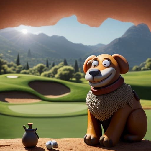 Whimsical Terracotta Claymation Golfers in a Sunlit Landscap...