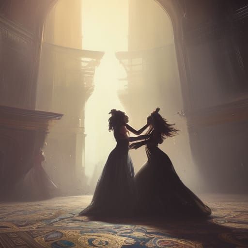 Two Women Dancing at a Ball, Dark Fantasy Concept Art