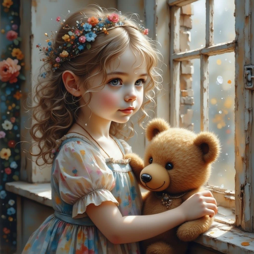 Girl with Teddy Bear Waving, Watercolor and Oil