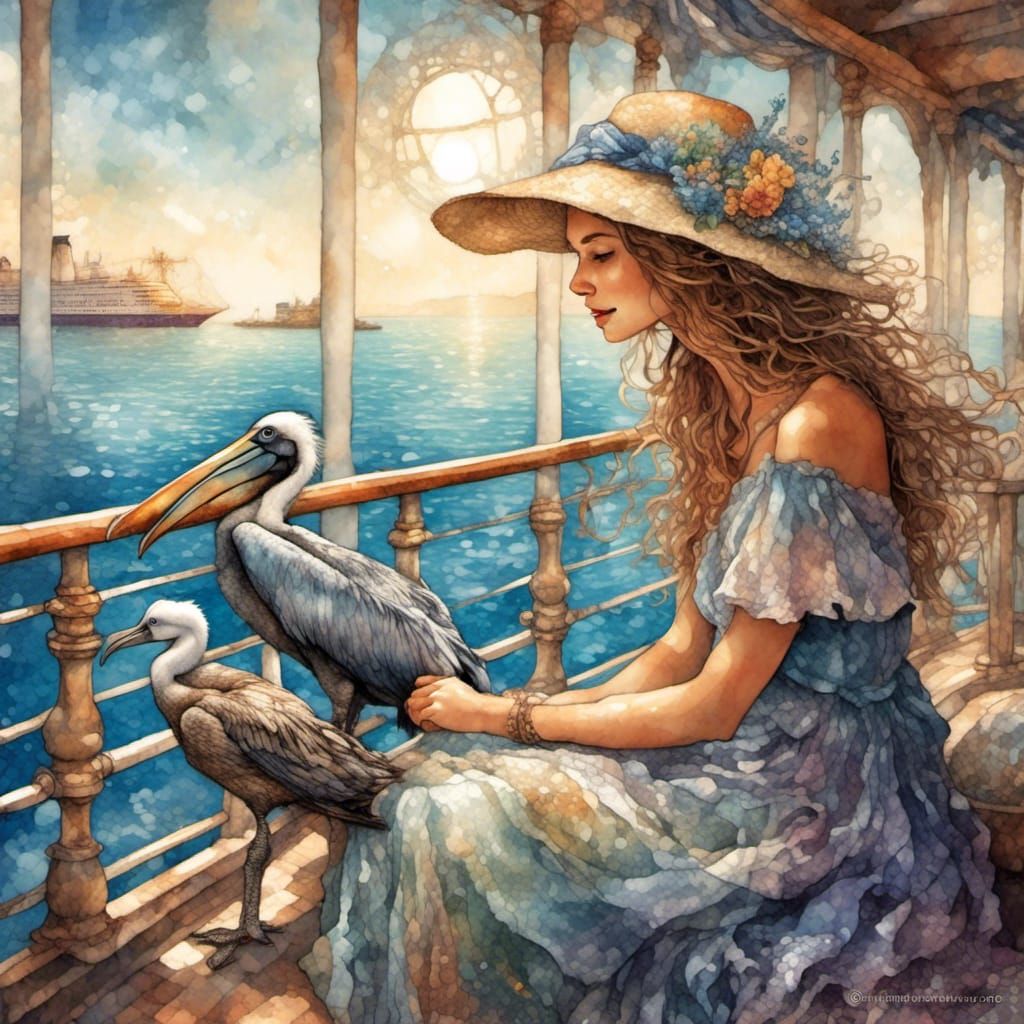 Woman and Child Watching Pelican, Digital Art