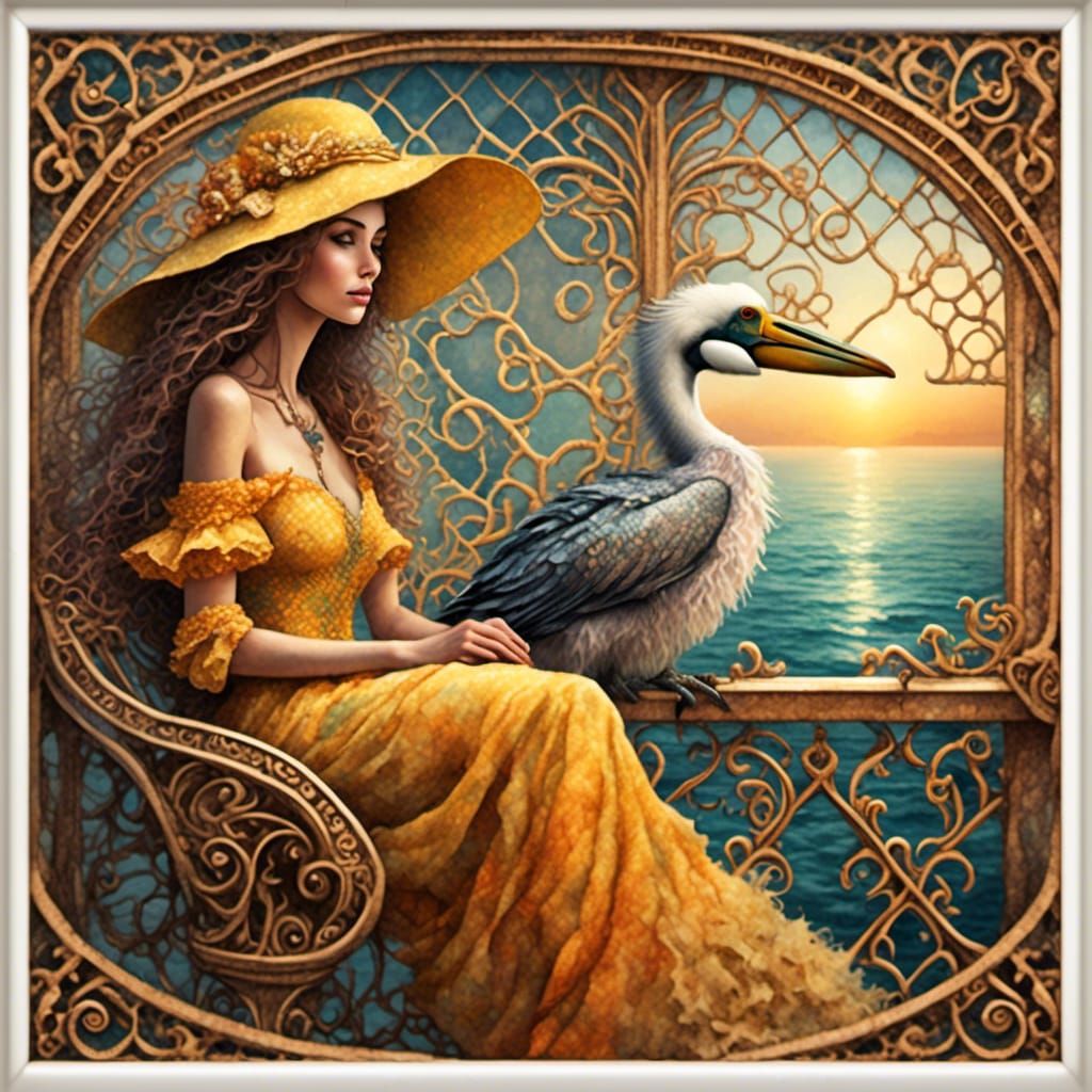 Woman and Child Watch Pelican on Ornate Cruise Ship