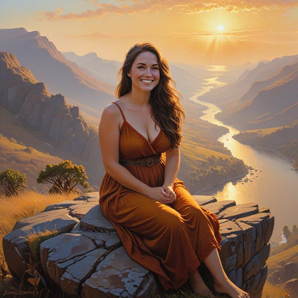Woman Overlooking Misty Valley in Oil Painting Style
