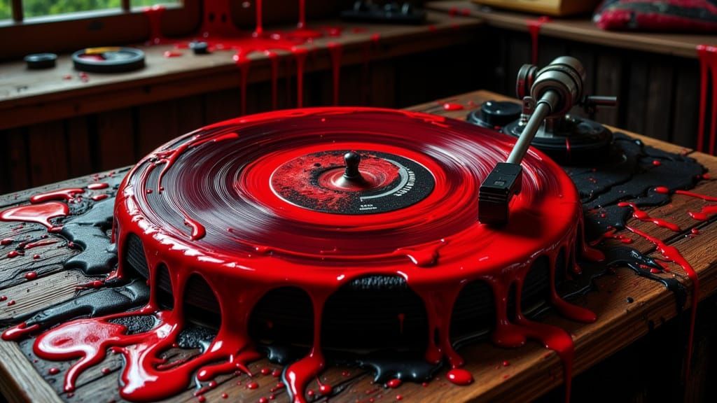 Melting Crimson Record on Turntable in Dark Style