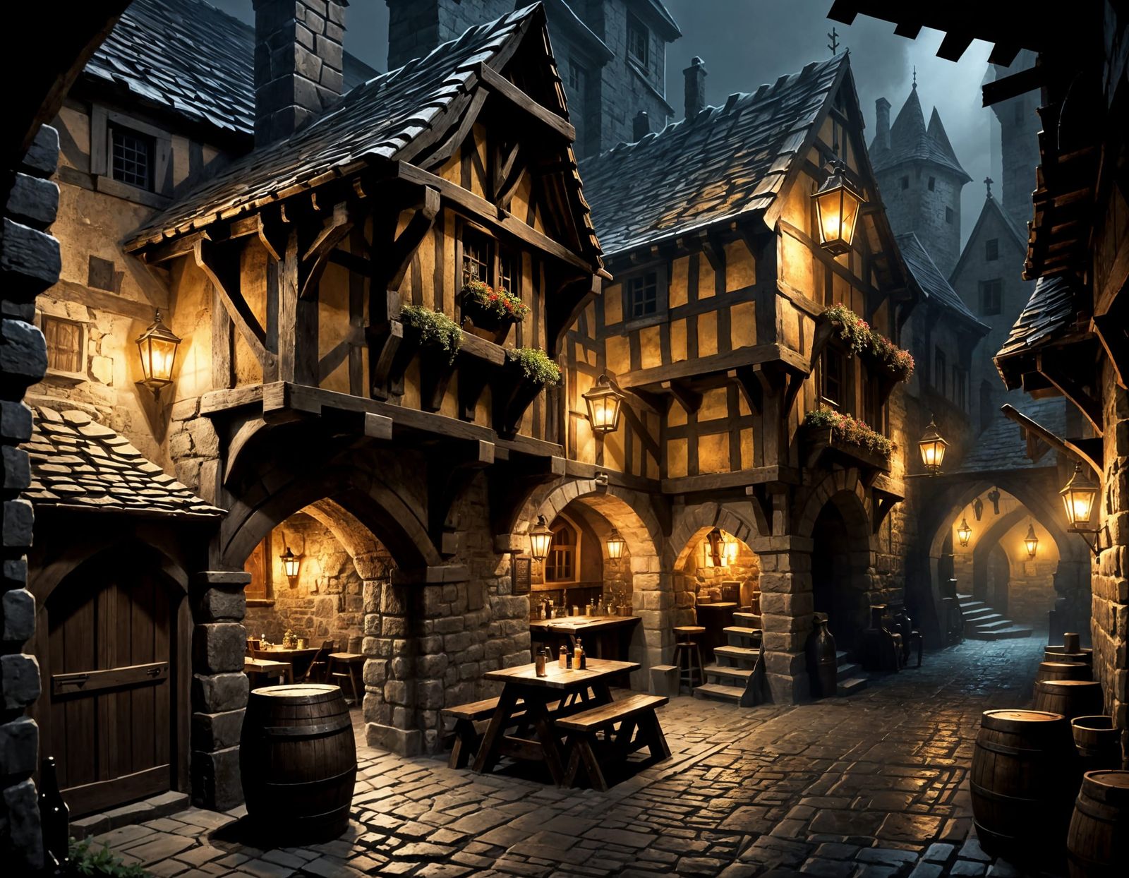 Medieval Tavern in Dark Alley - Gothic Oil Painting