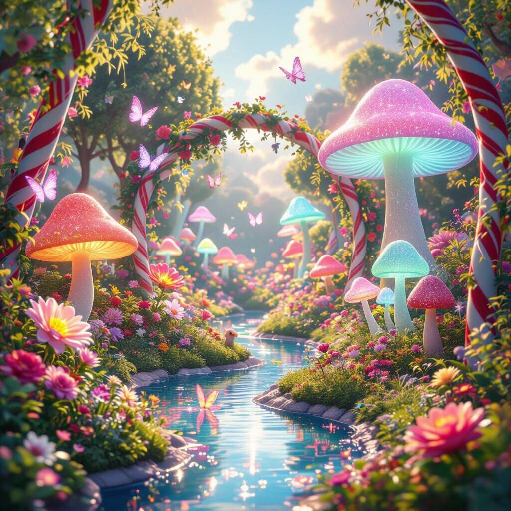 Whimsical Garden with Glowing Flowers and Crystal Butterflie...