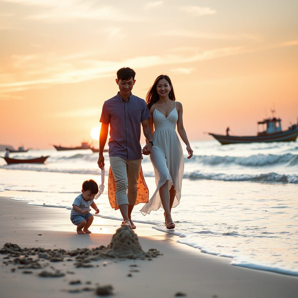 Asian Couple on Beach at Sunset: Fashion Photography