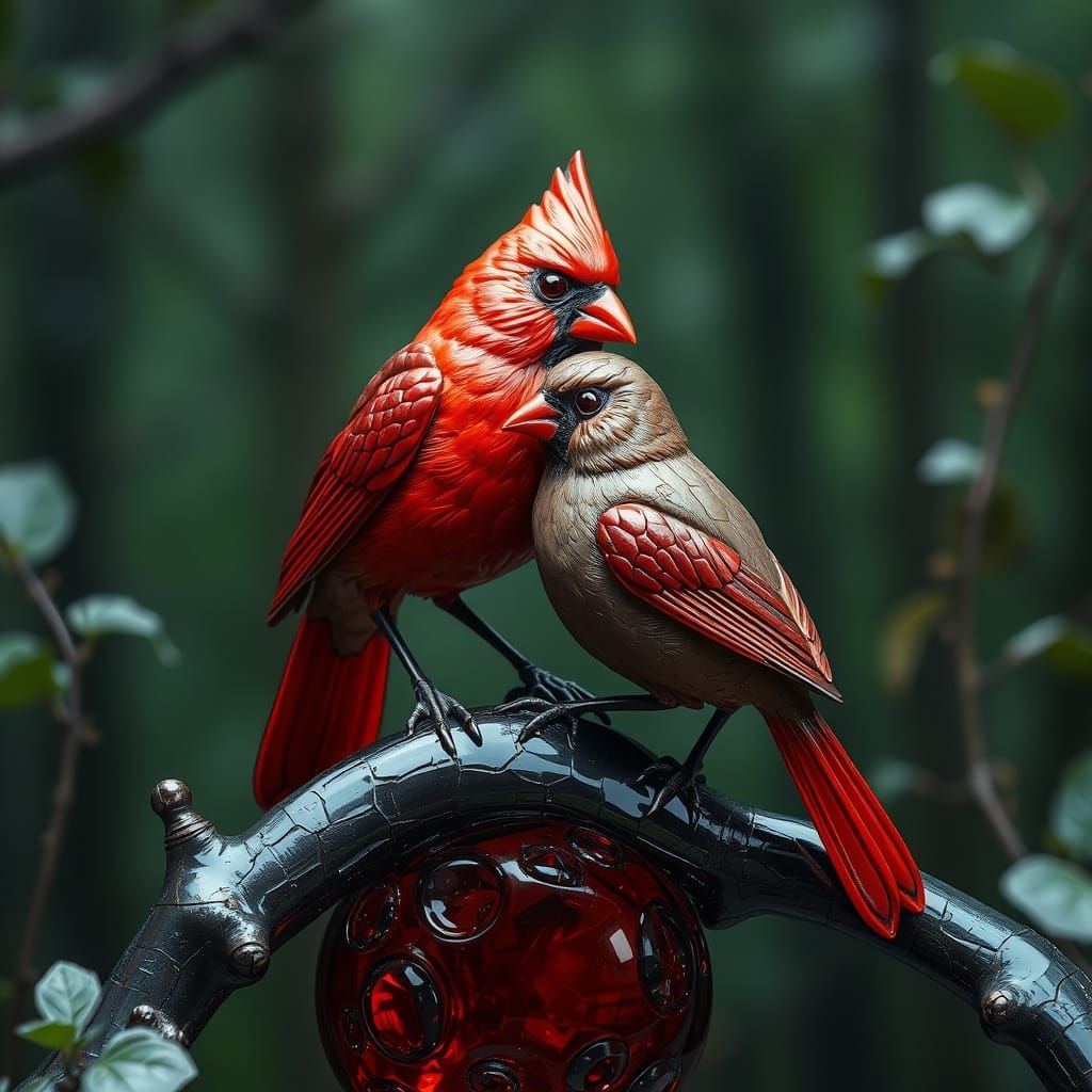 Glass and Clay Cardinals in Magical Forest