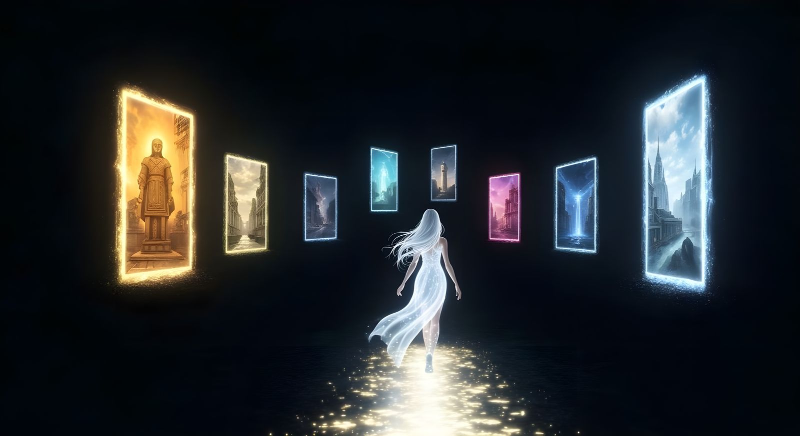 Girl on Path of Light Amidst Time Portals