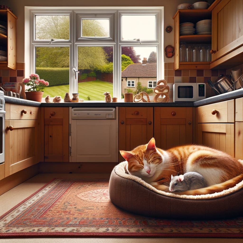 Unlikely Friends: Cat and Mouse Sleeping Peacefully