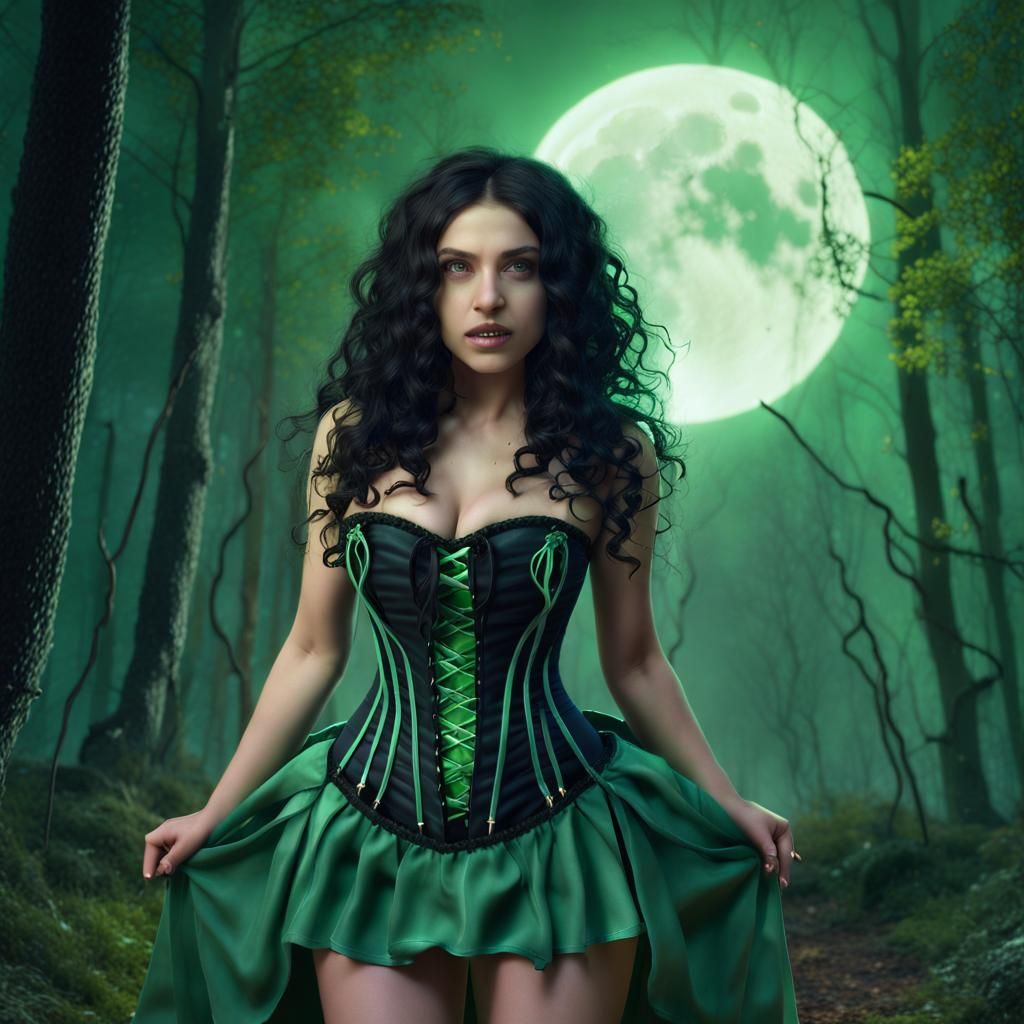 Sorceress Witch Casting Spells in Forest at Midnight