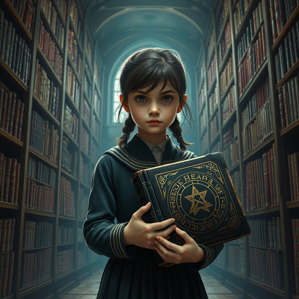 Eerie Library Scene with Hermione-like Girl in Dark Fantasy ...