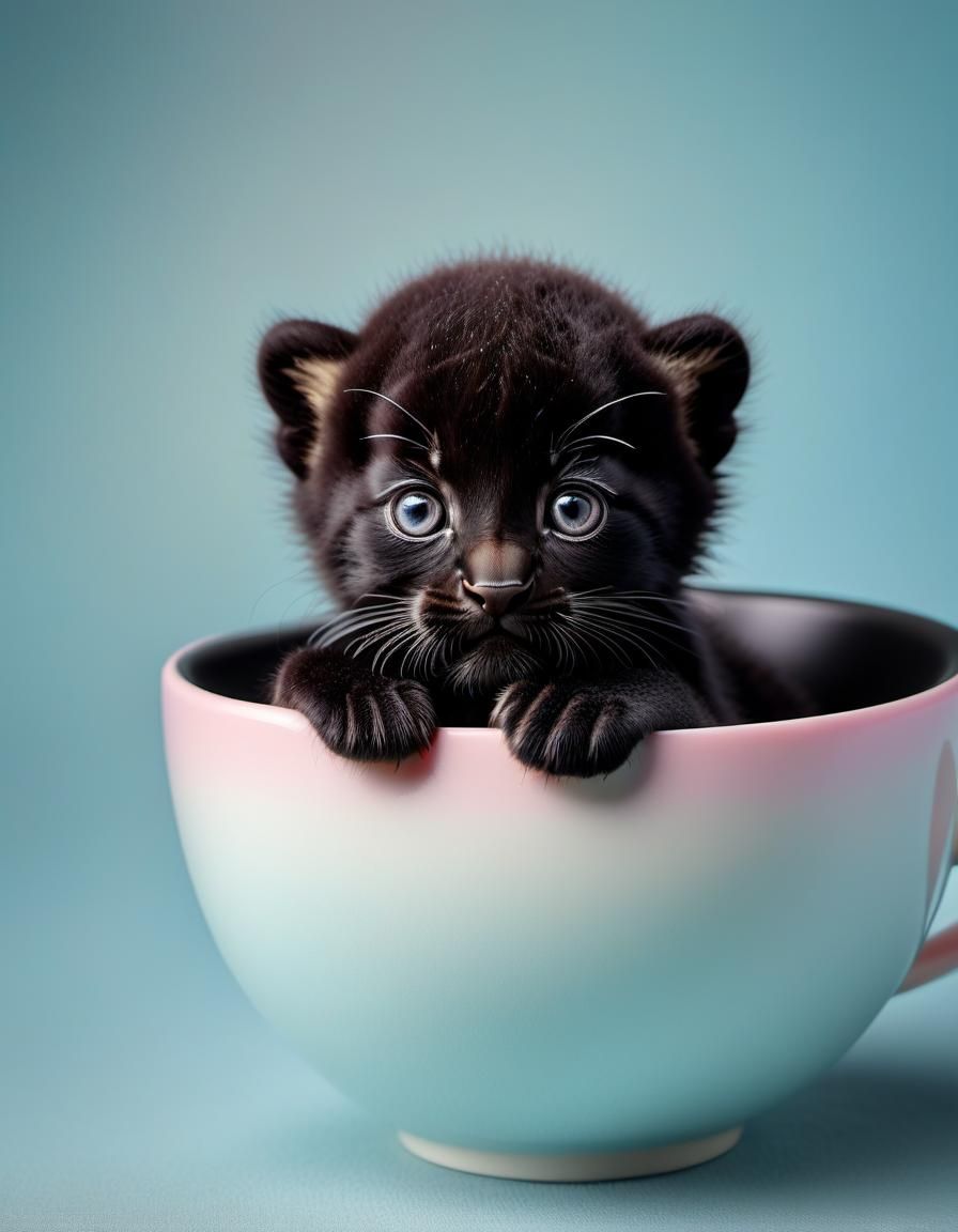 Newborn Panther Cub in a Cup: Hyperrealistic Photo