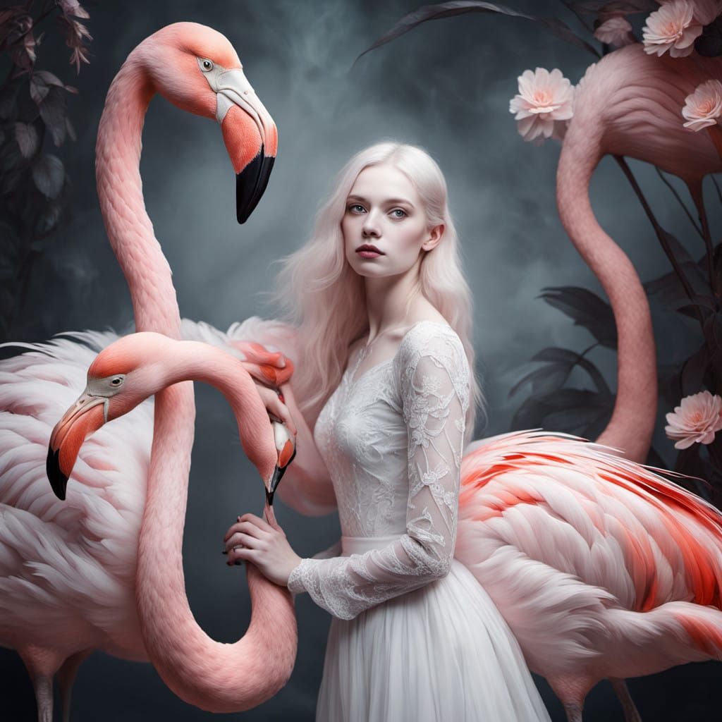 Ethereal Fantasy: Albino Woman with Pink Flamingo