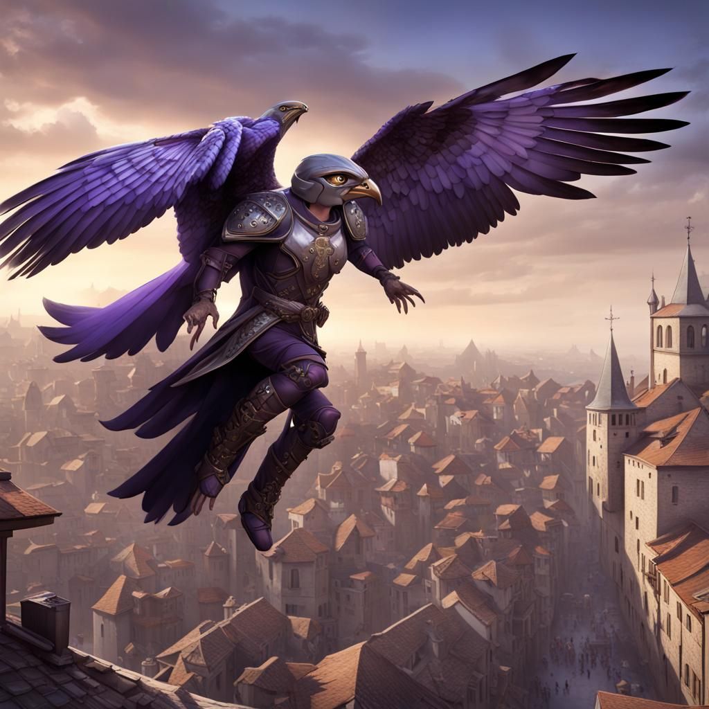 Purple Falcon Humanoid Soaring Over Medieval Town