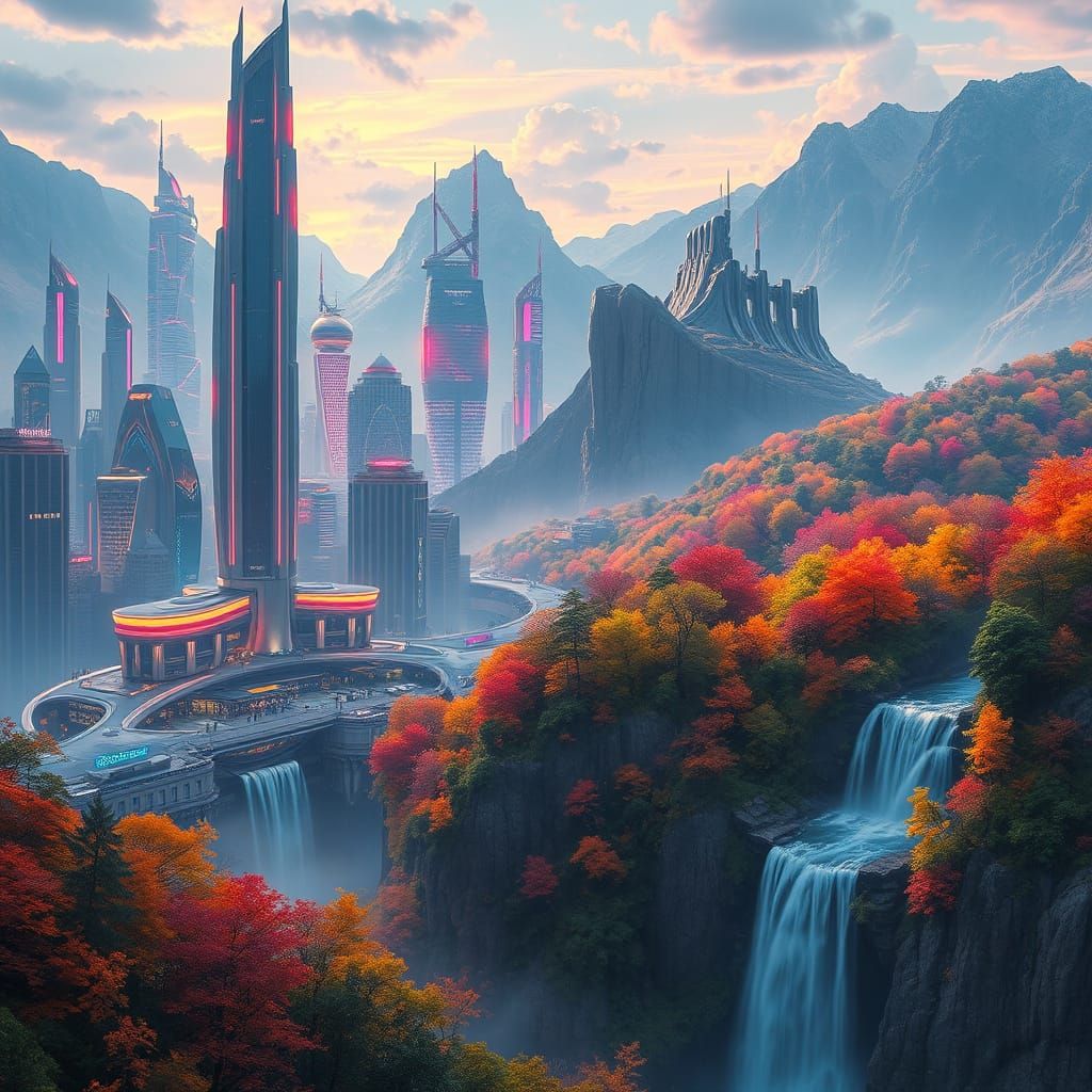 Hyperrealistic Futuristic Cityscape Juxtaposed with Nature