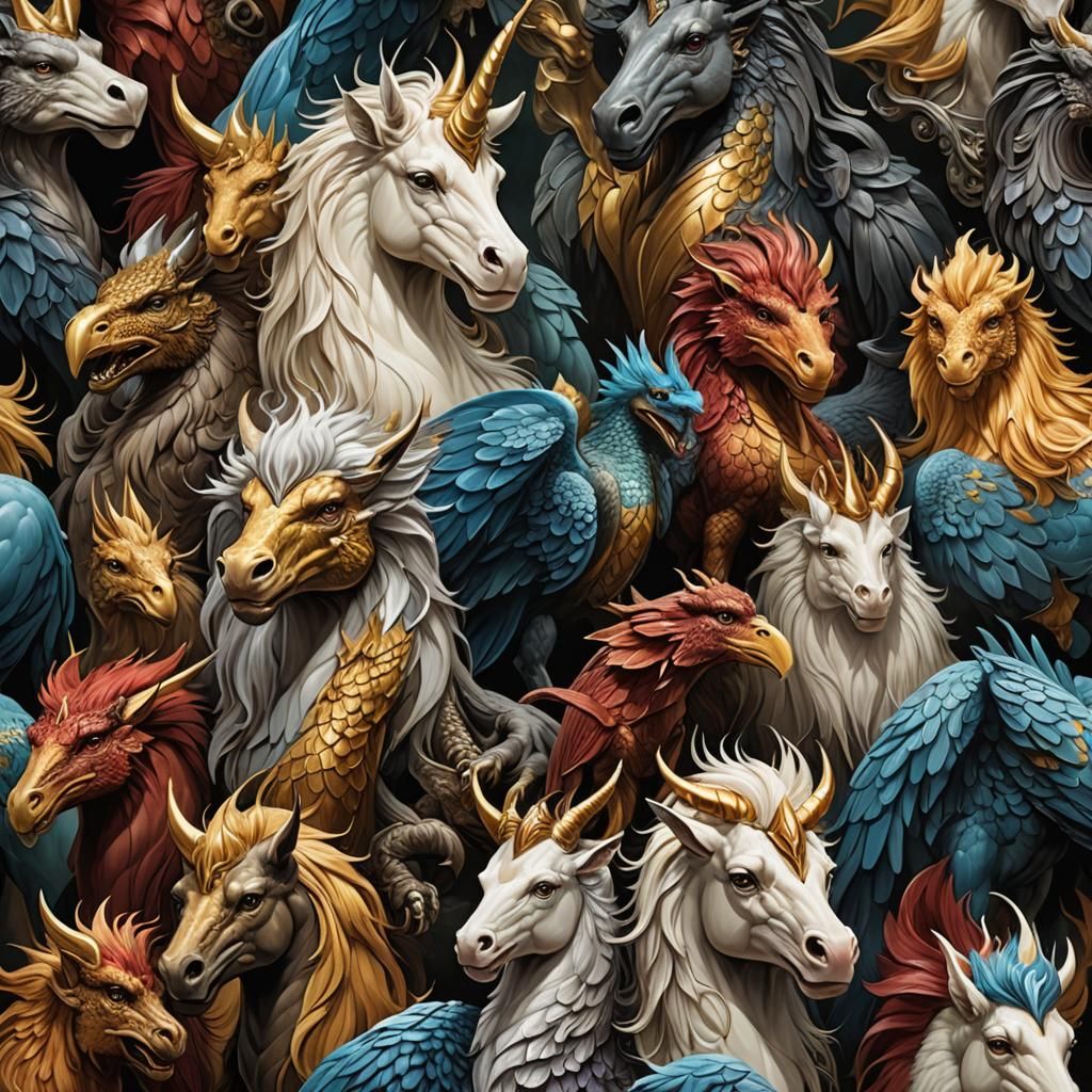 Mythical Creatures: Griffin, Unicorn, and Dragon Portraits