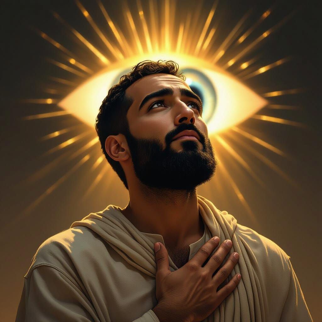 Hopeful Man in Golden Light with Symbolic Eye