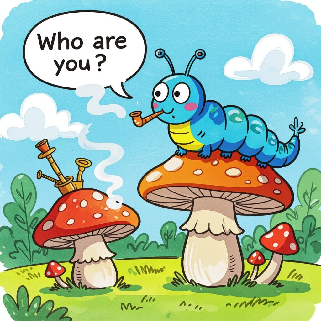 Blue Caterpillar Smoking Hookah in Watercolor Style