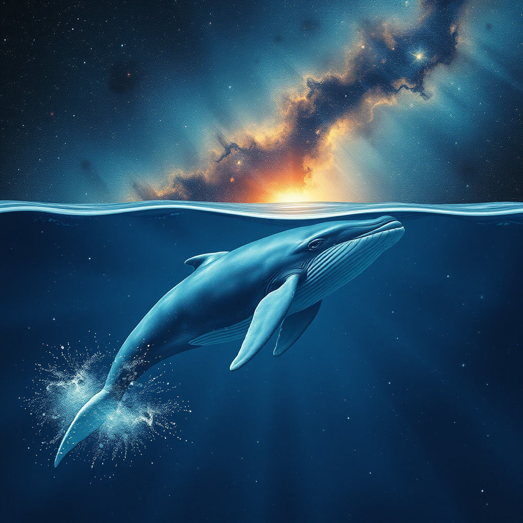 Whale Swims Through Starry Space Wake