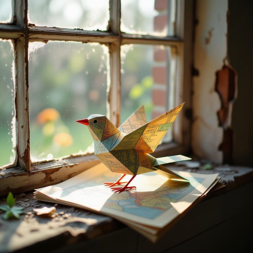 Paper Bird on Crumbling Sill in Forgotten Garden