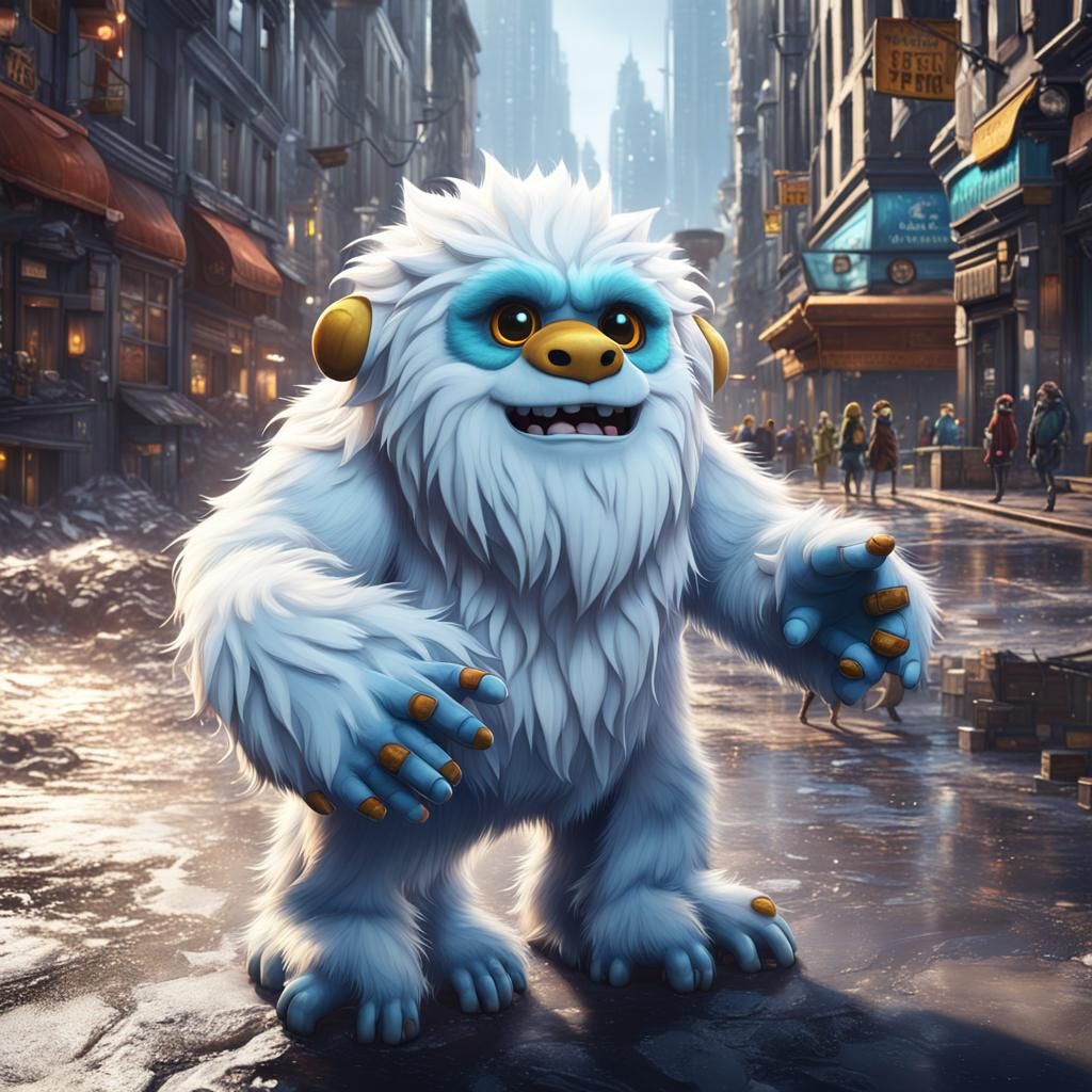 Furry White Yeti in City, Detailed Matte Painting