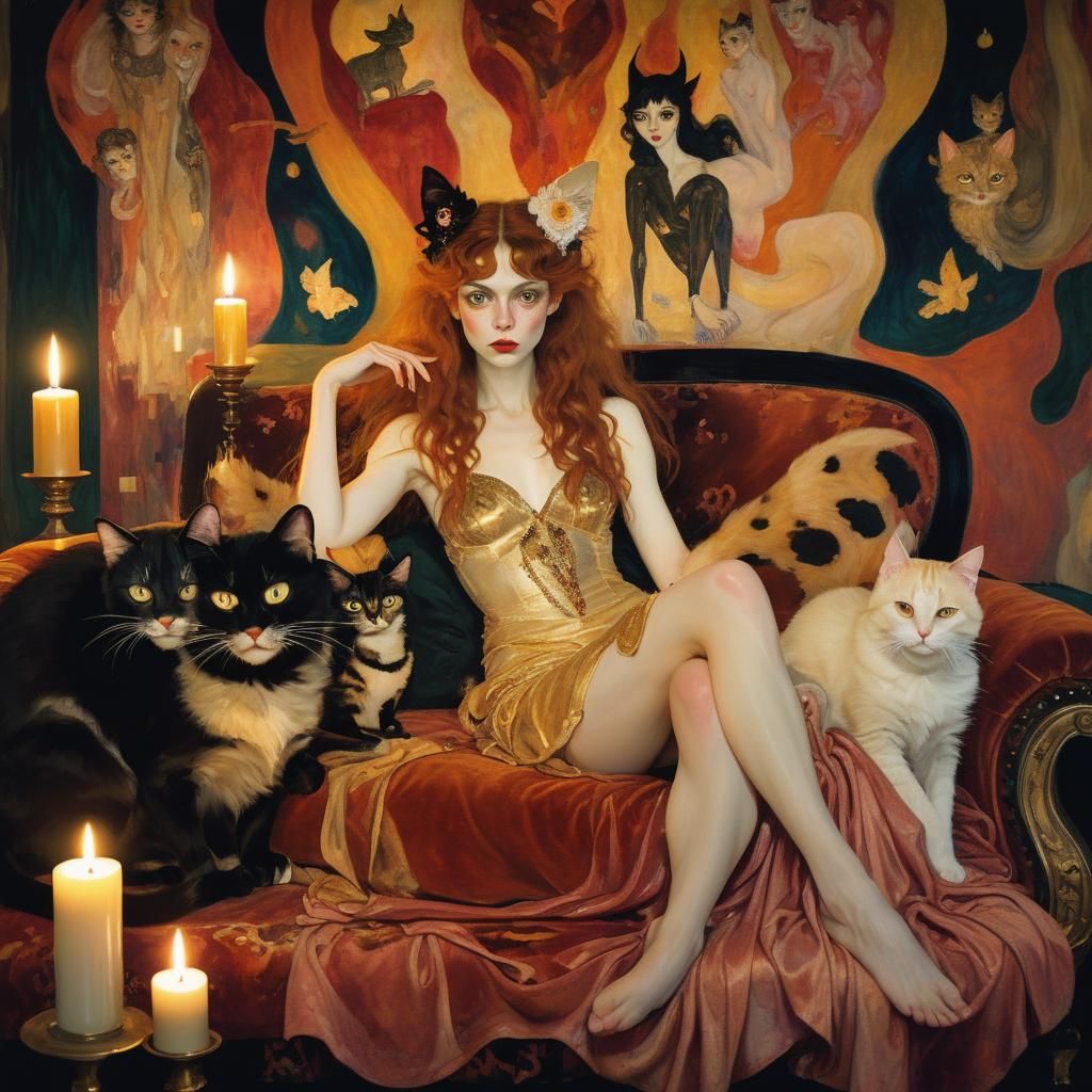 Fairy and Cat in Symbolist Art Style