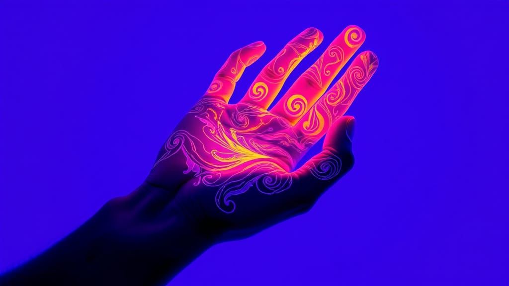 Glowing Hand in Neon-Lit Aesthetic