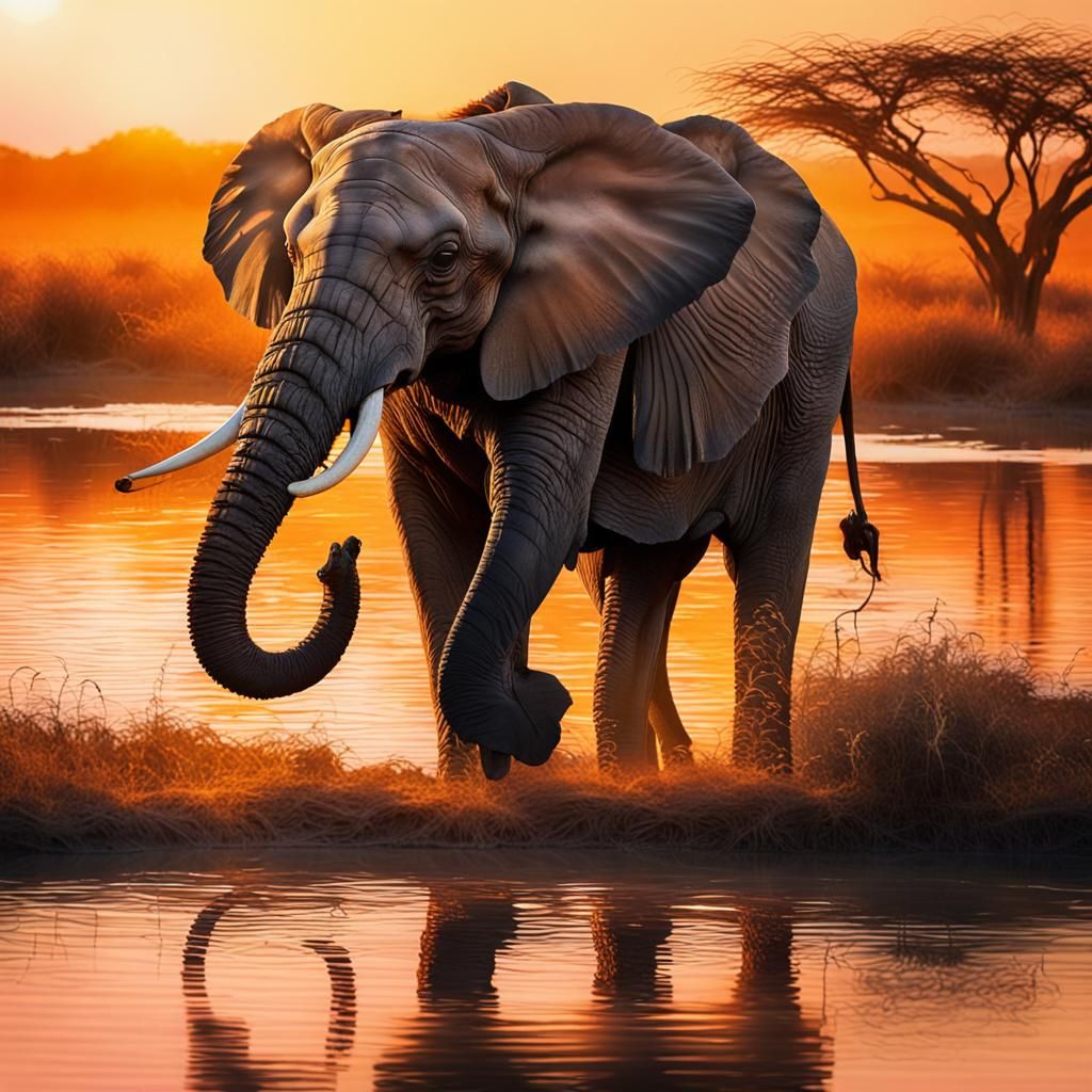 Elephant Sunset: Surreal Wildlife Art in Golden Hour