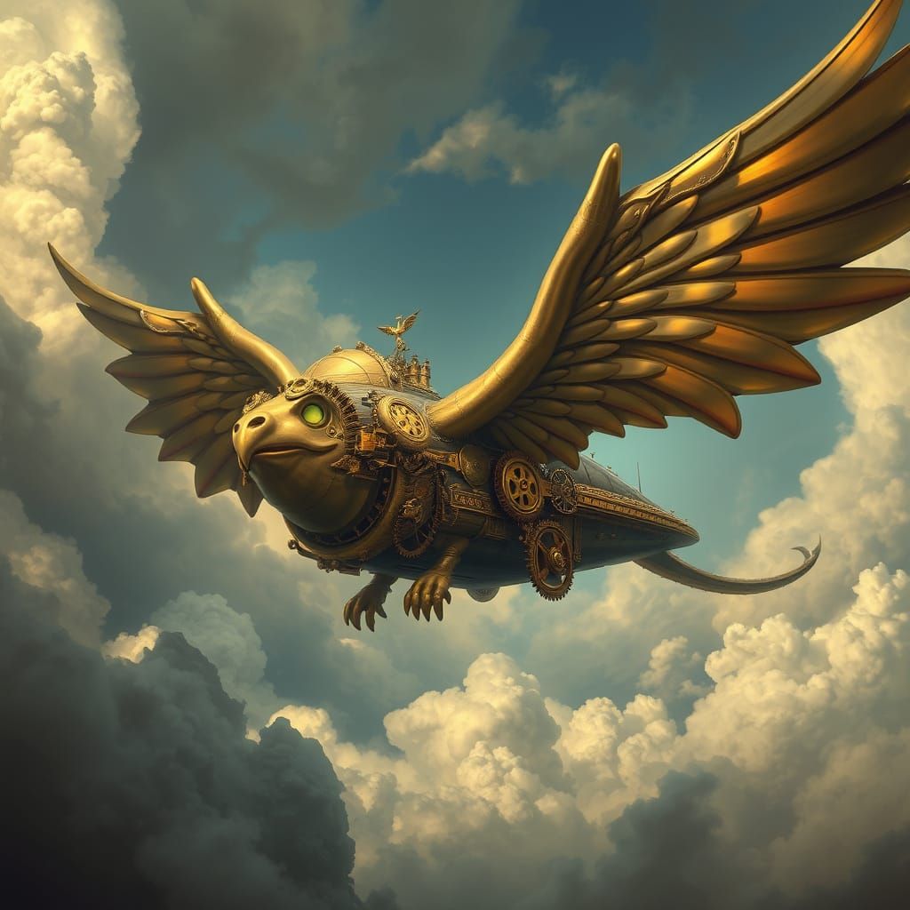 Steampunk Griffin Airship Soaring Through Clockwork Skies
