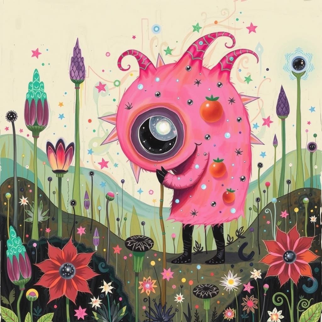 Whimsical Pink Creature in a Vibrant Fantasy World