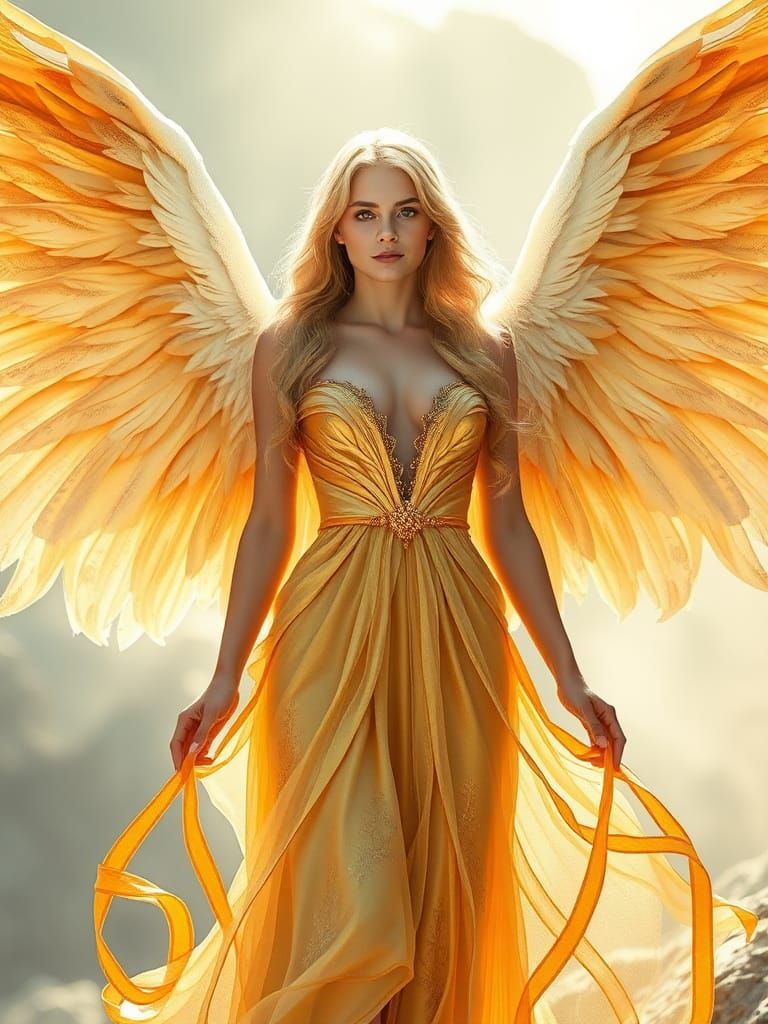 Majestic Blonde Angel in Golden Dress