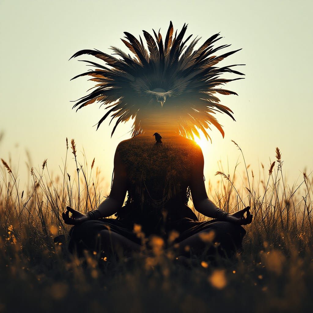 Native Warrior Woman Meditation Double Exposure