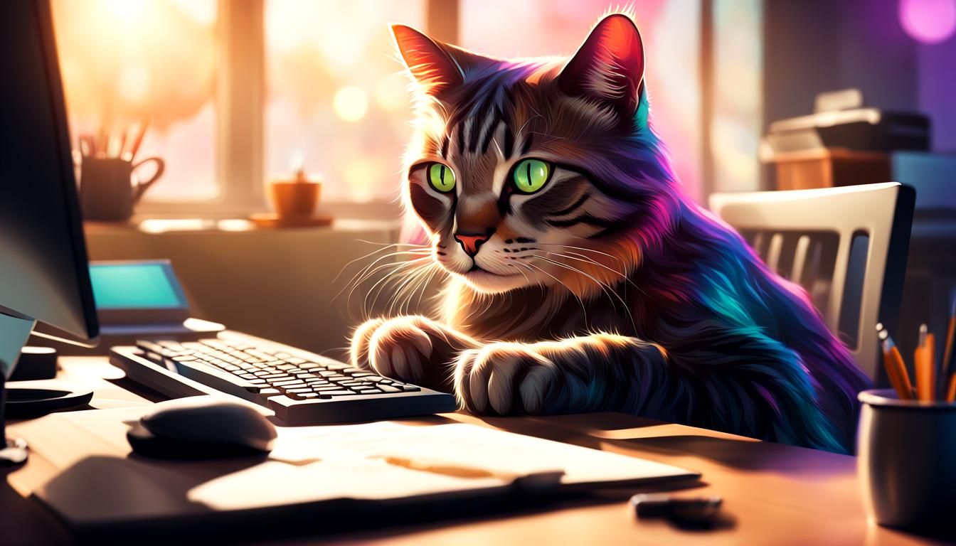 Cat Working on Computer: Concept Art in Vibrant Colors