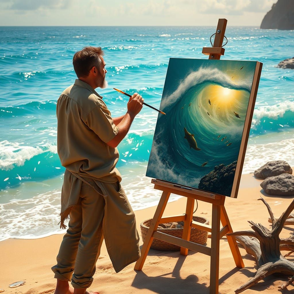 Serene Artist Captures Majestic Beach Scene in Dreamlike Atm...