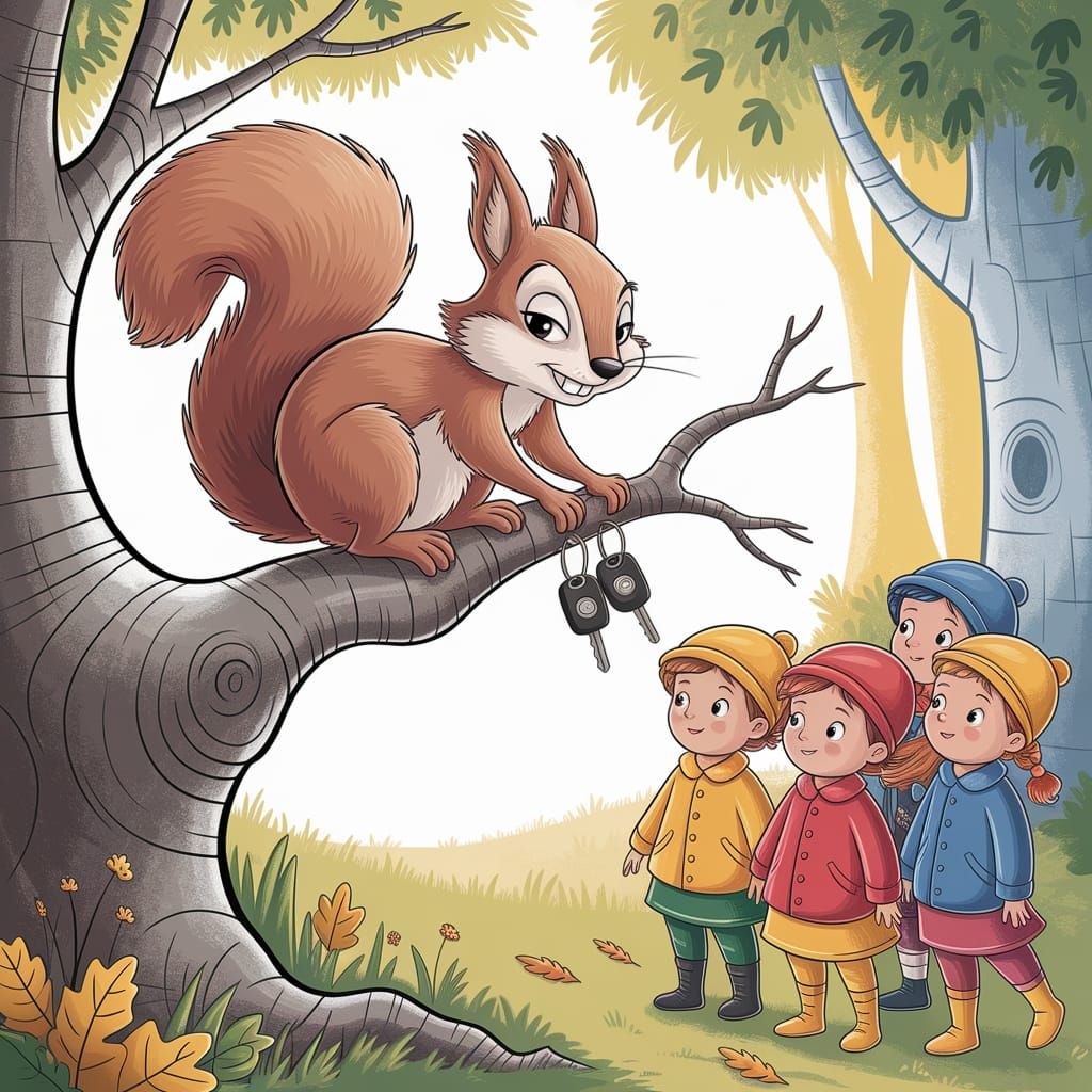 Squirrel Steals Keys in Children's Book Illustration