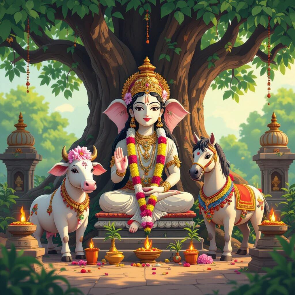 Hindu Shrine with Goddess Statue in Anime Style