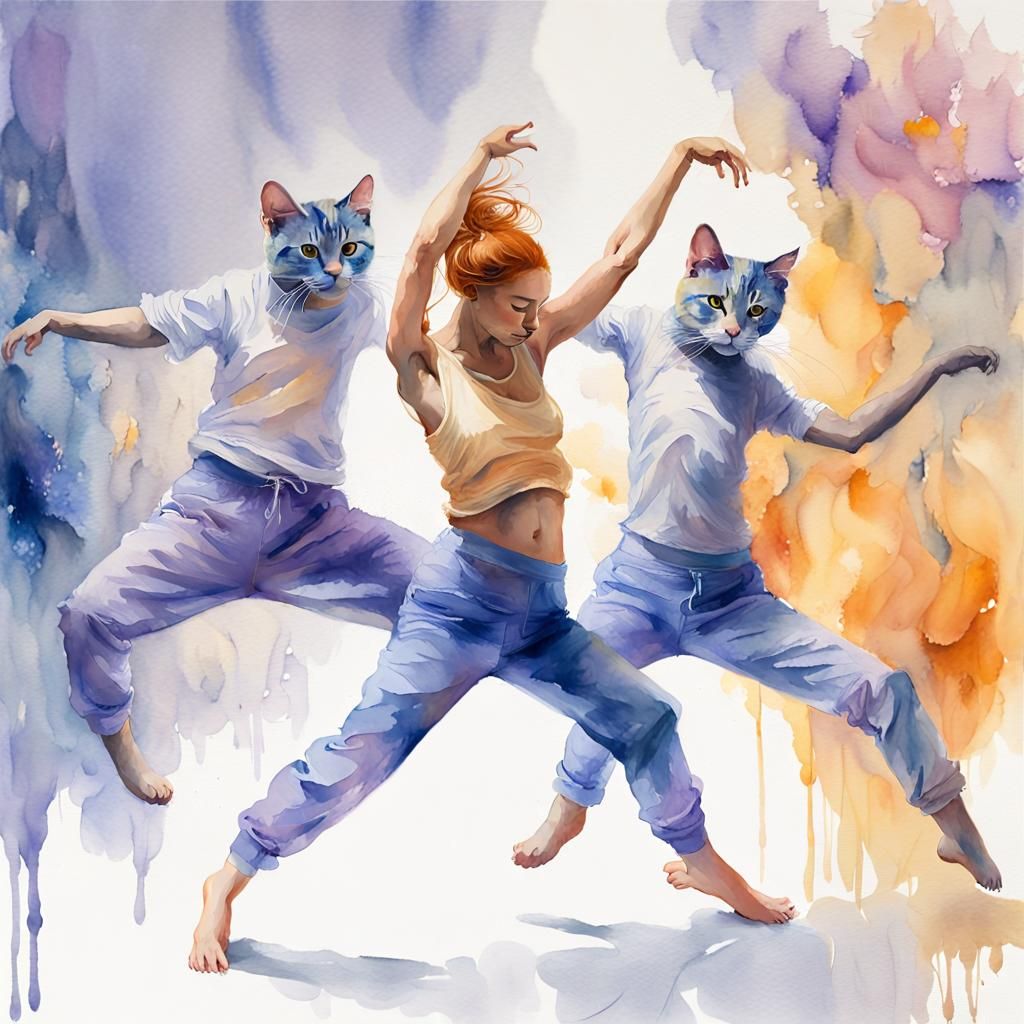 Hip Hop Cats Dancing in Watercolor Style