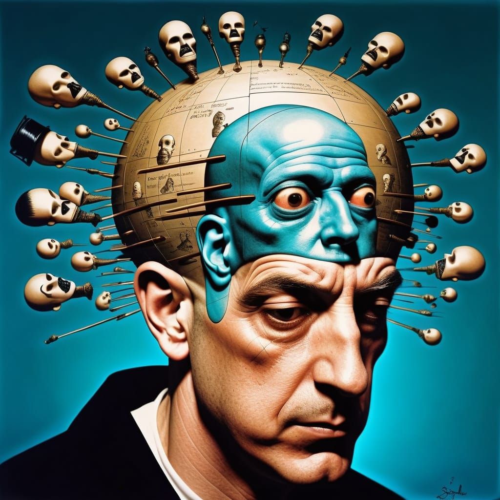 Surrealist Cartoons Illustrate Phrenology on a Bald Head