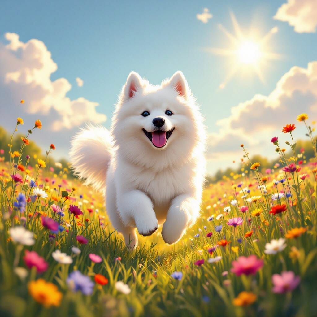 Fluffy Samoyed Dog Hops in Sunny Meadow