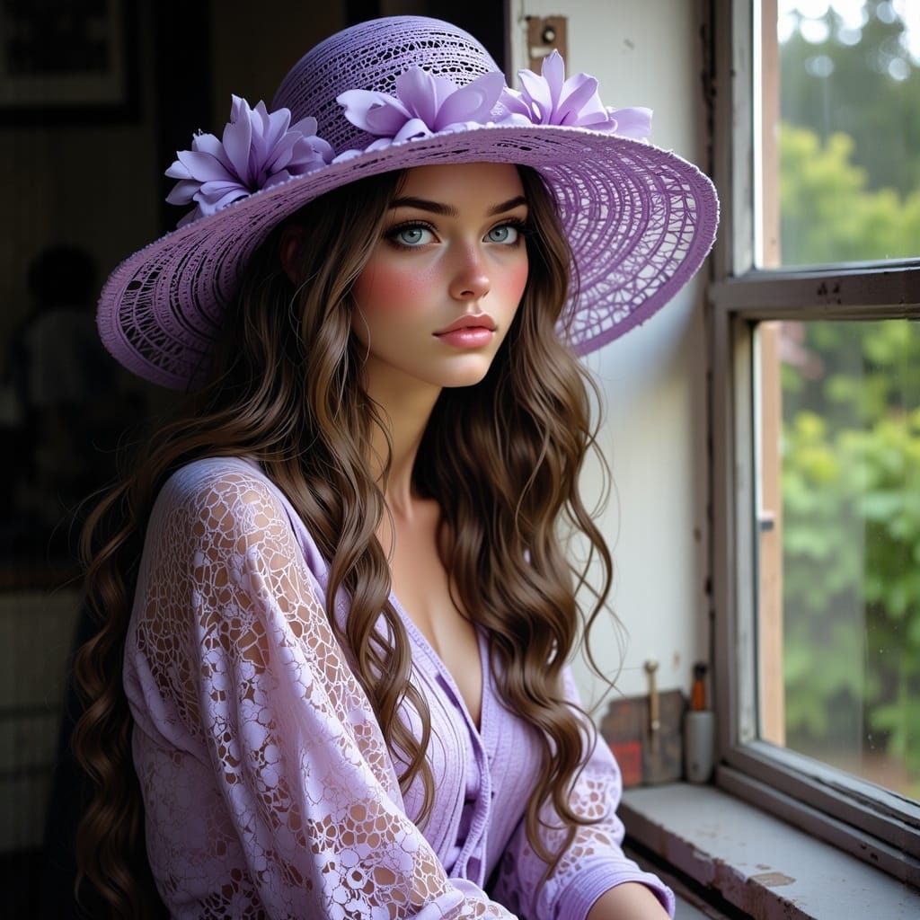 Woman in Purple Lace Hat Gazing Out Window
