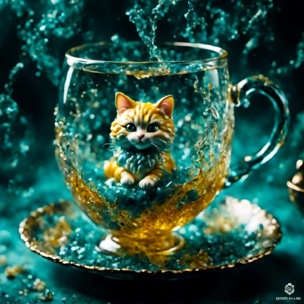 <lora:Glass Art:1.0> <lora:Mnemcore:1.0> A yellow tabby cat (1.5)<lora:Teacup:1.0> A tea cup