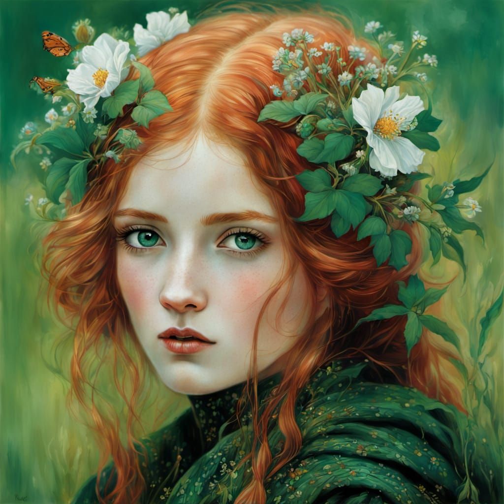 Vibrant Portrait of a Girl Among Wildflowers in Whimsical Ar...