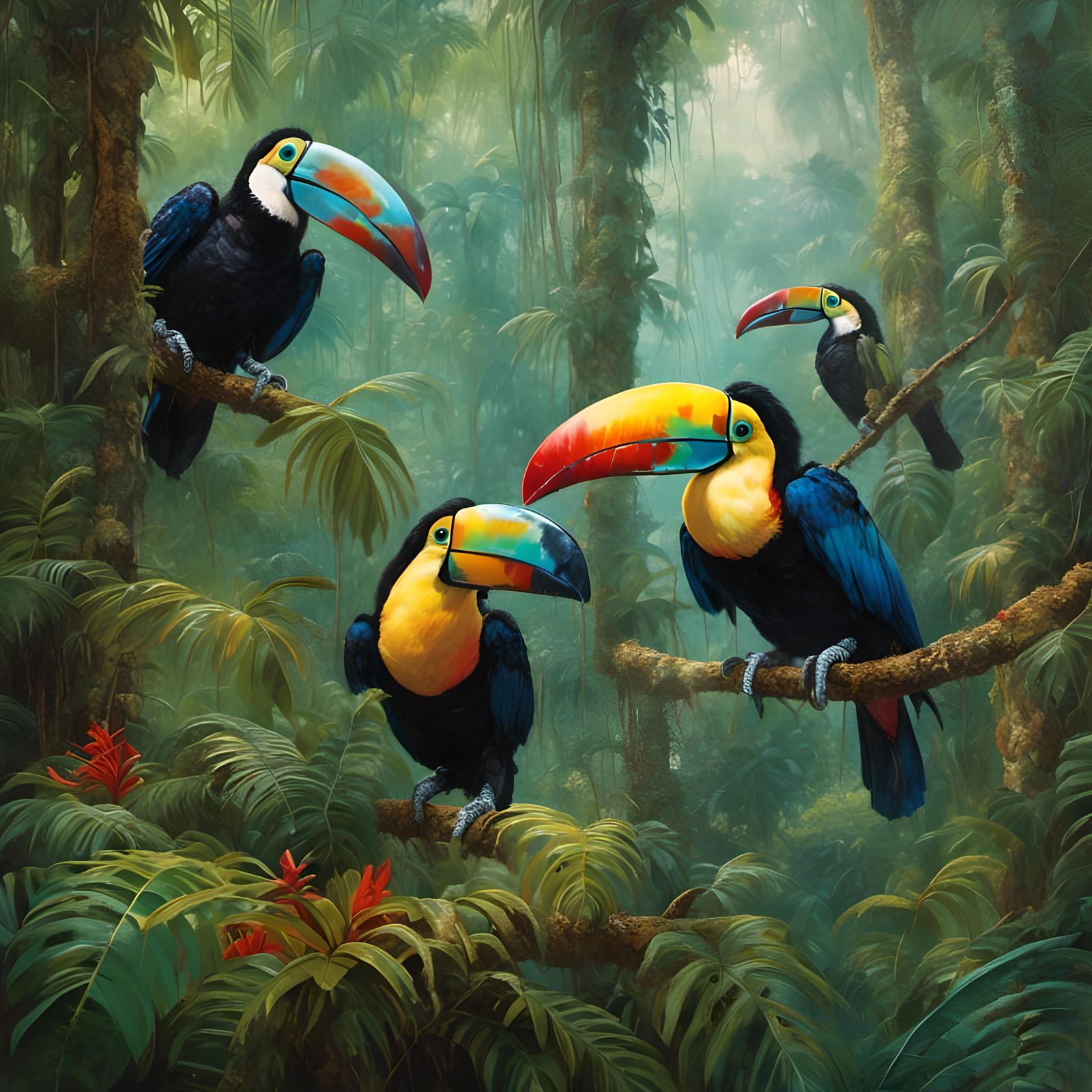Toucans in Rainforest: Hyperrealistic Oil Painting