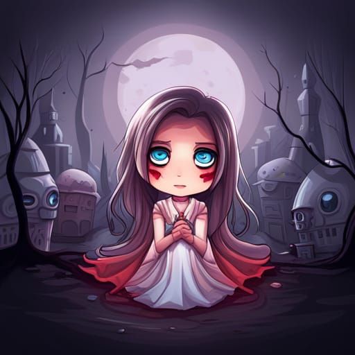 Kawaii Chibi Vampire Ghost Haunting in Acrylic Style
