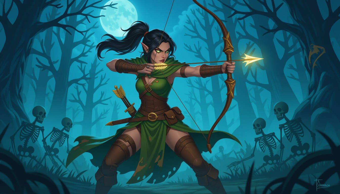 Elf Archer in Dark Forest, Fantasy Art