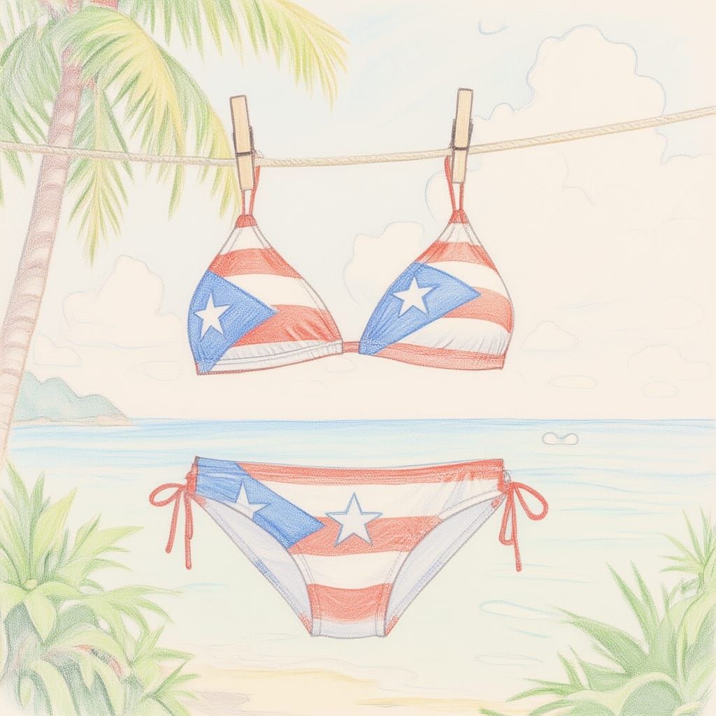Puerto Rican Bikini on Clothesline - Hand Drawn Graphic