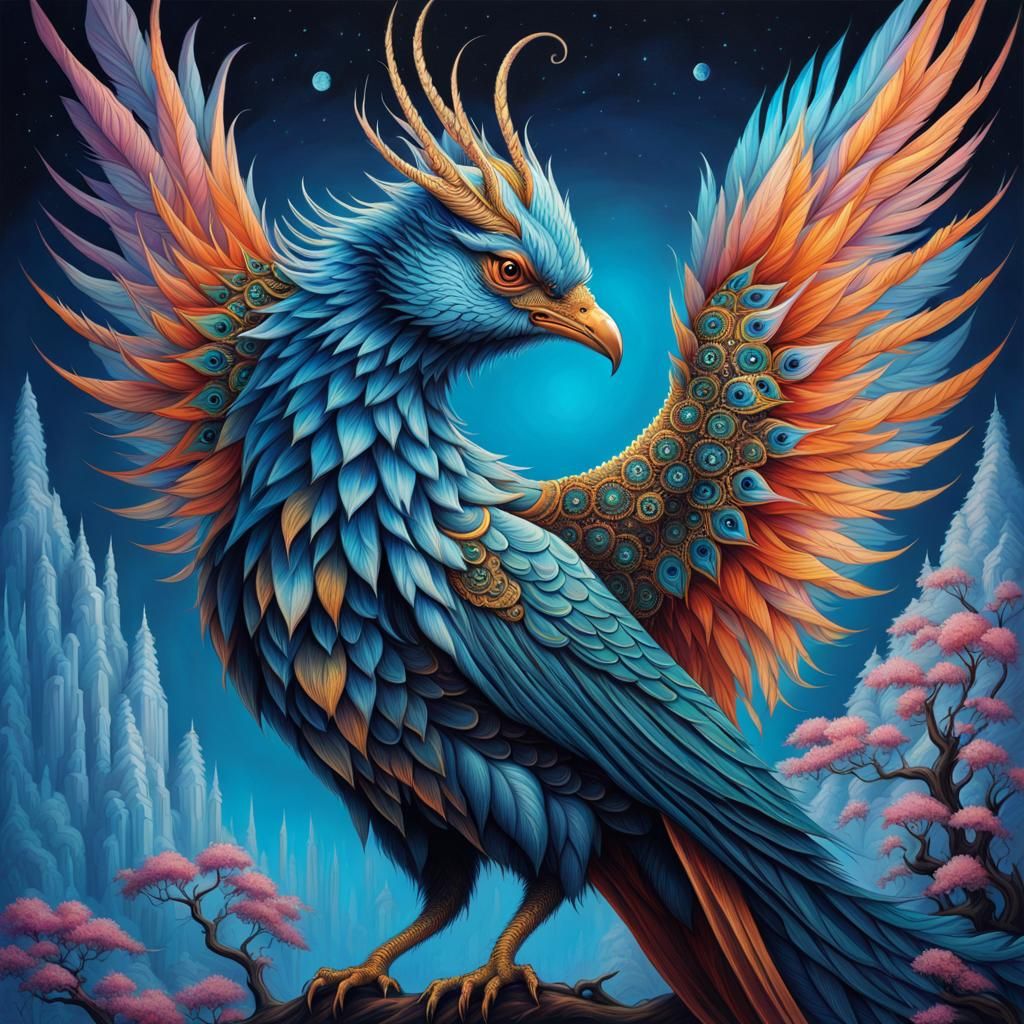 Feathered Bird on Blue Background: Fantasy Art
