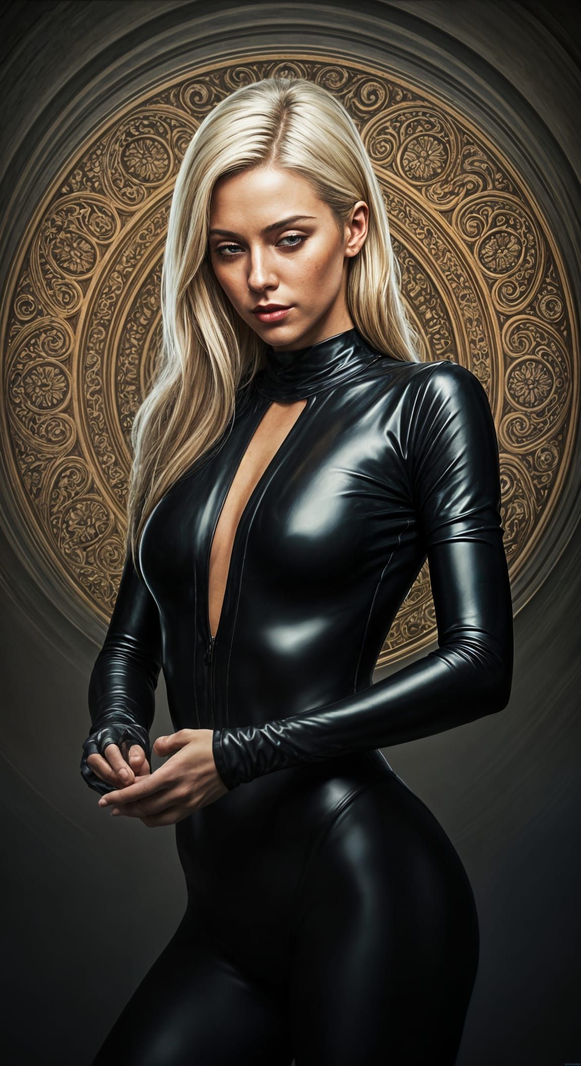 Hyperdetailed Portrait of a Blond Woman in Shiny Black Unita...